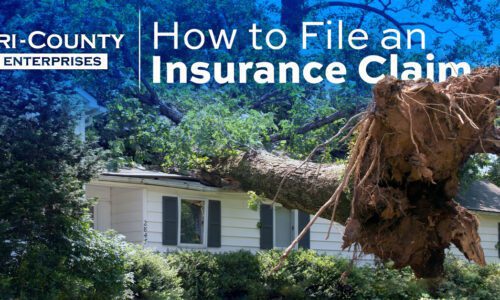 Tri-County Enterprises How to File an Insurance Claim over image of uprooted tree fallen on a home