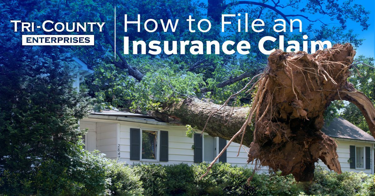 Tri-County Enterprises How to File an Insurance Claim over image of uprooted tree fallen on a home
